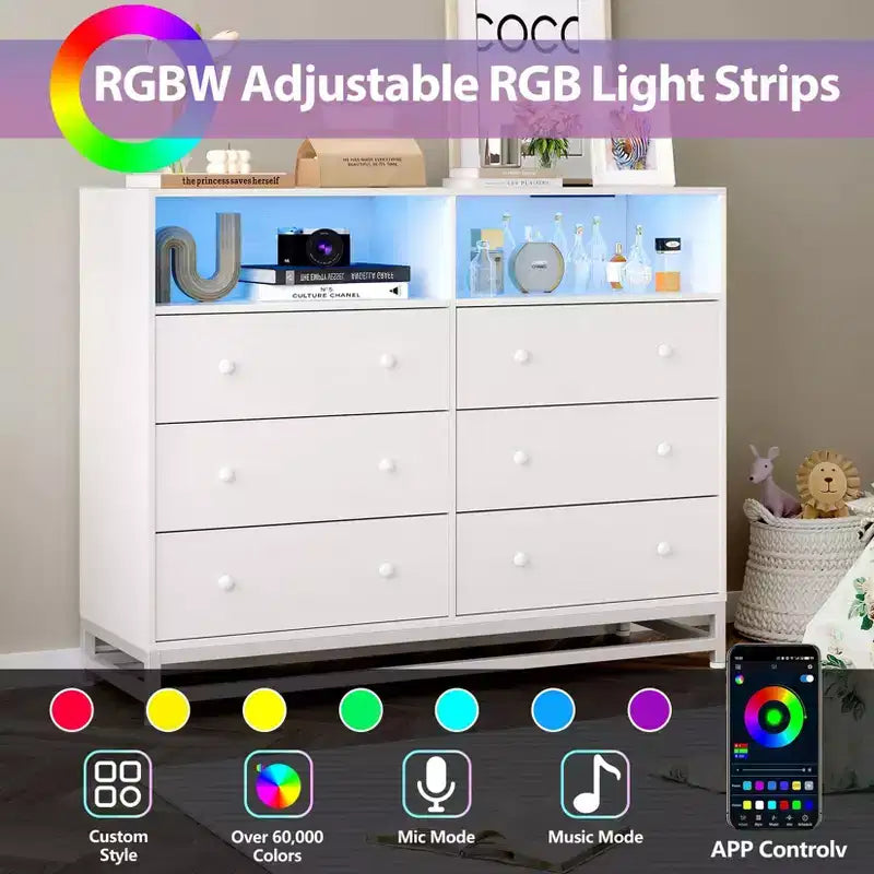 6 Drawer Double Dresser TV Stand, Bedroom Dresser with Power Outlet & LED Light, Wood Dresser for Room, Hallway, White