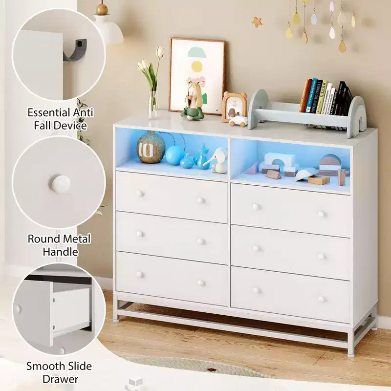 6 Drawer Double Dresser TV Stand, Bedroom Dresser with Power Outlet & LED Light, Wood Dresser for Room, Hallway, White