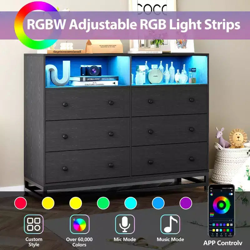 6 Drawer Double Dresser TV Stand, Bedroom Dresser with Power Outlet & LED Light, Wood Dresser for Room, Hallway, White