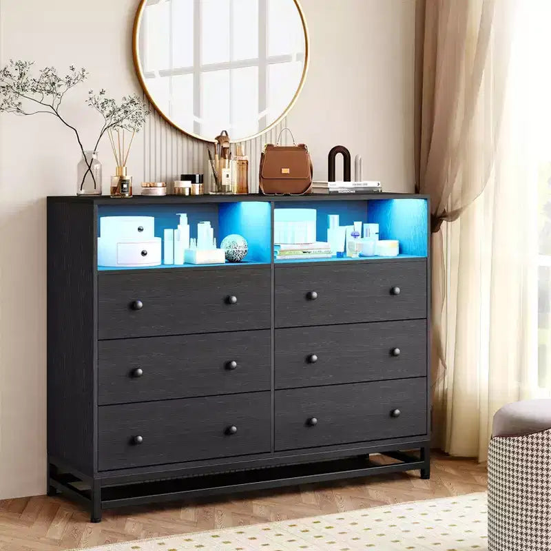 6 Drawer Double Dresser TV Stand, Bedroom Dresser with Power Outlet & LED Light, Wood Dresser for Room, Hallway, White