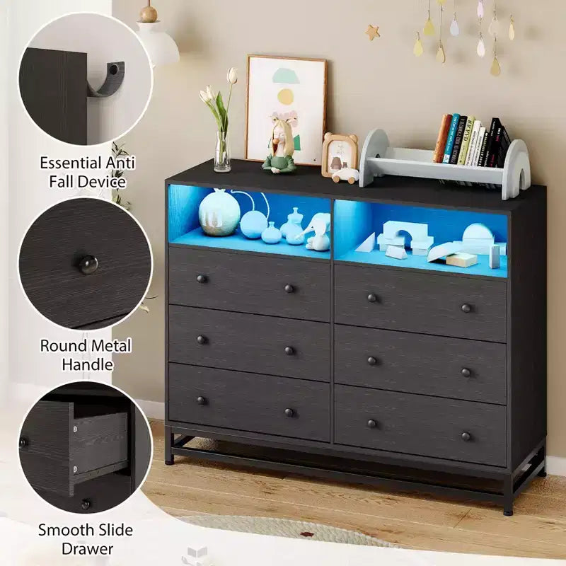 6 Drawer Double Dresser TV Stand, Bedroom Dresser with Power Outlet & LED Light, Wood Dresser for Room, Hallway, White