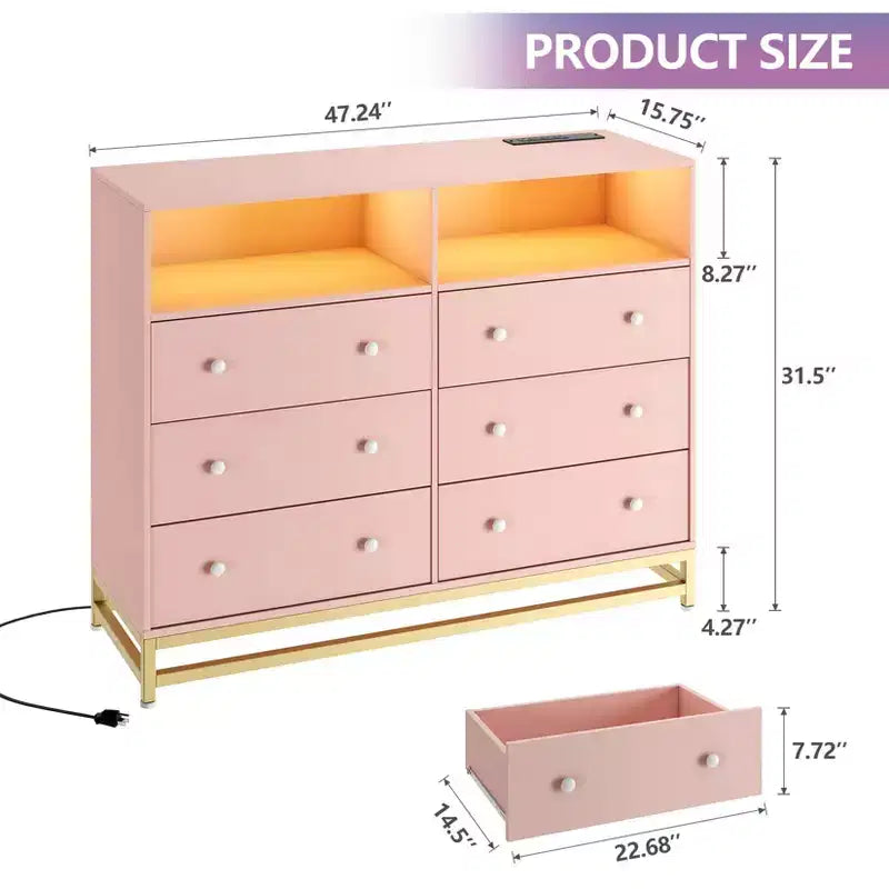6 Drawer Double Dresser TV Stand, Bedroom Dresser with Power Outlet & LED Light, Wood Dresser for Room, Hallway, White