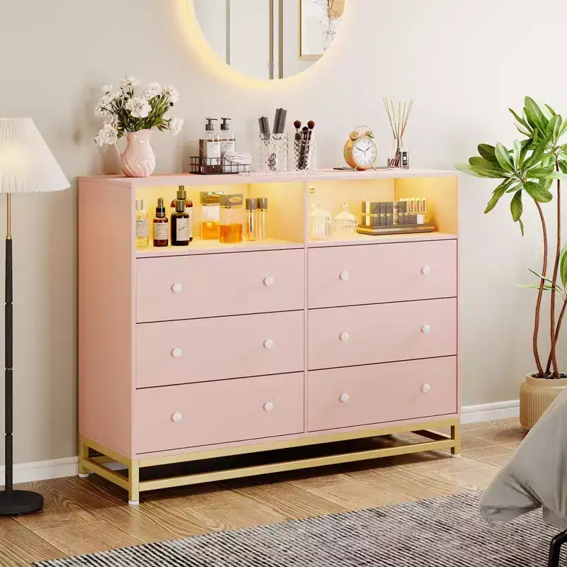6 Drawer Double Dresser TV Stand, Bedroom Dresser with Power Outlet & LED Light, Wood Dresser for Room, Hallway, White