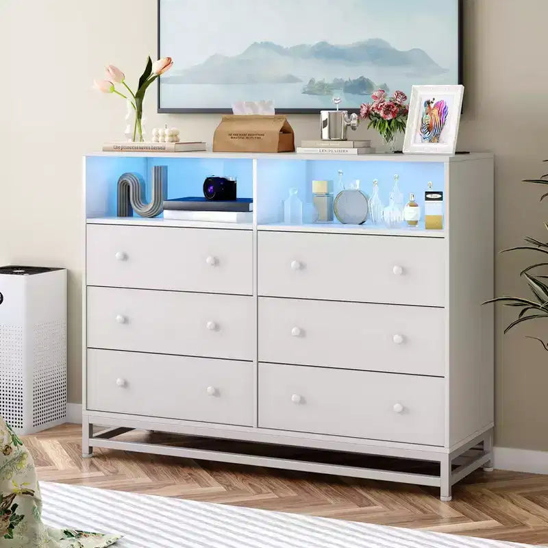 6 Drawer Double Dresser TV Stand, Bedroom Dresser with Power Outlet & LED Light, Wood Dresser for Room, Hallway, White