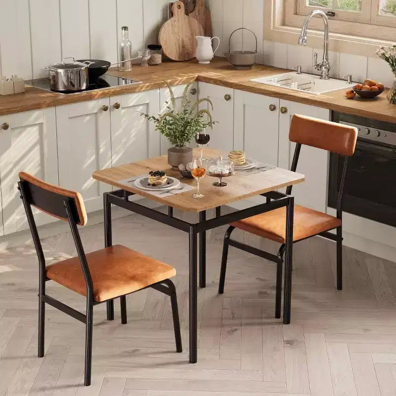 3-Piece Kitchen Table Set for 2, Wooden Dining Table Set for Small Place, Farmhouse Table Set with Table and Chair for Small Rooms or Flats, Brown