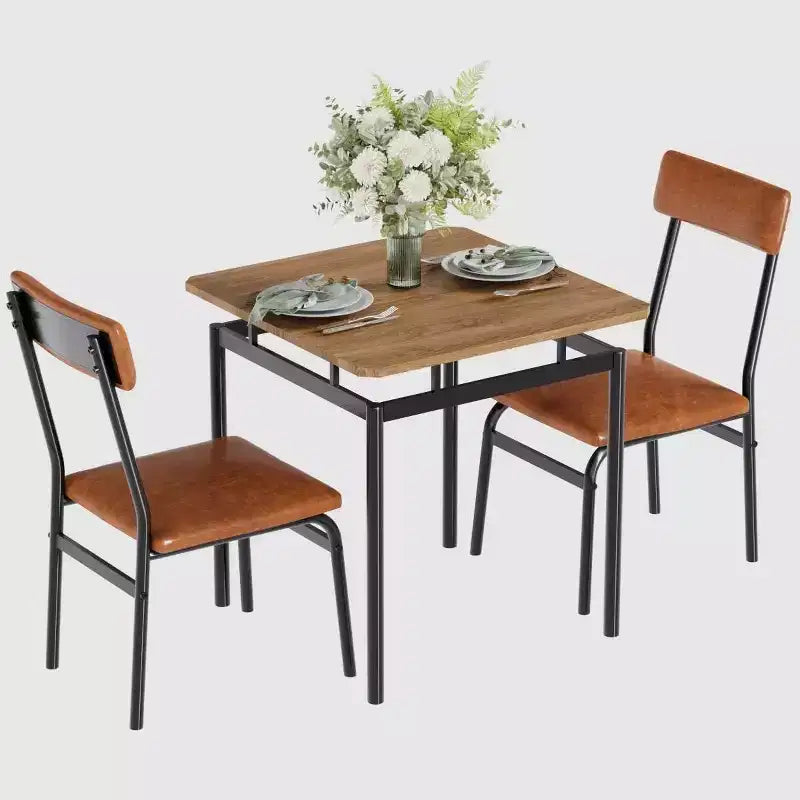 3-Piece Kitchen Table Set for 2, Wooden Dining Table Set for Small Place, Farmhouse Table Set with Table and Chair for Small Rooms or Flats, Brown
