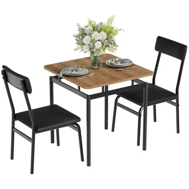 3-Piece Kitchen Table Set for 2, Wooden Dining Table Set for Small Place, Farmhouse Table Set with Table and Chair for Small Rooms or Flats, Brown