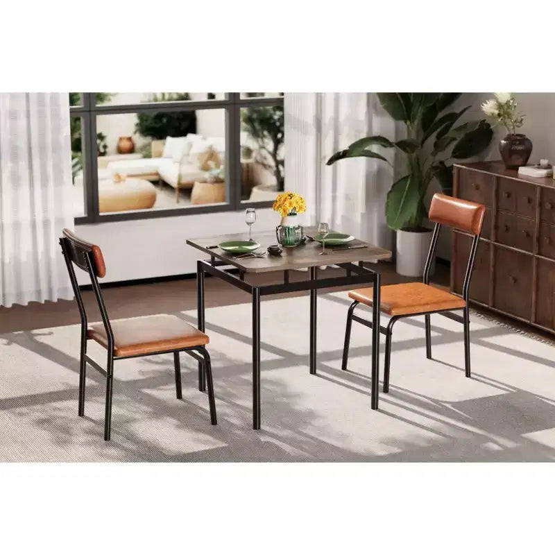 3-Piece Kitchen Table Set for 2, Wooden Dining Table Set for Small Place, Farmhouse Table Set with Table and Chair for Small Rooms or Flats, Brown