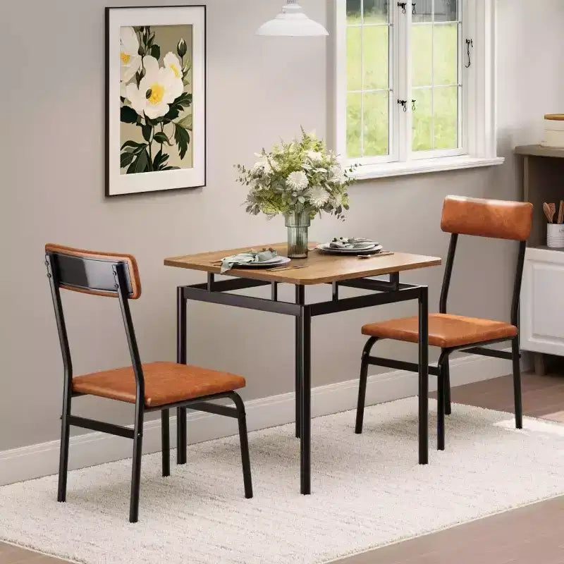 3-Piece Kitchen Table Set for 2, Wooden Dining Table Set for Small Place, Farmhouse Table Set with Table and Chair for Small Rooms or Flats, Brown