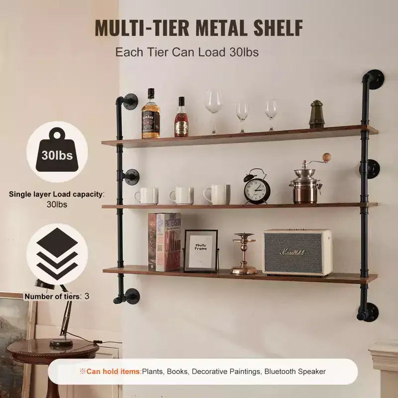 VEVOR Industrial Pipe Shelf, 3 Tier 48x9.84in,Wall-Mount Floating Rustic Wood Shelves Bracket Display Bookshelf, Storage Rack Sundries Holder, Brown