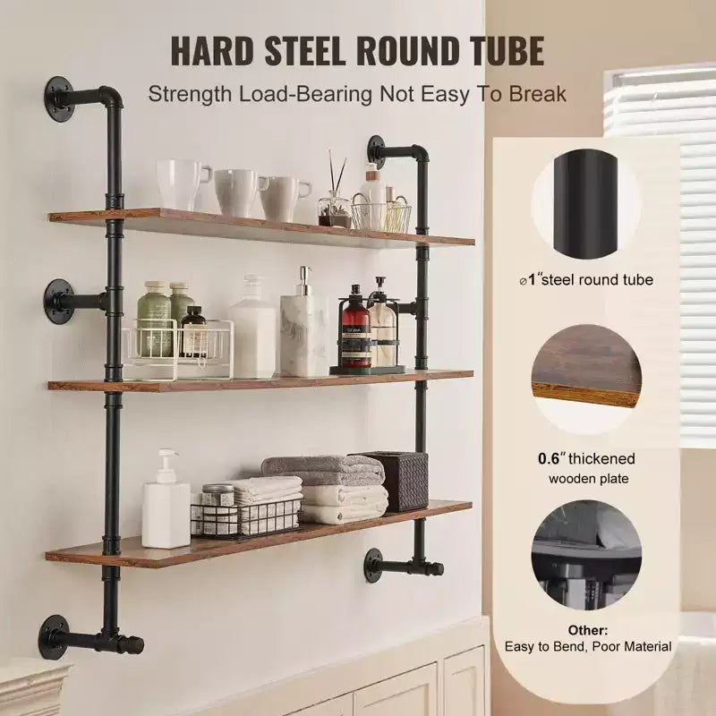 VEVOR Industrial Pipe Shelf, 3 Tier 48x9.84in,Wall-Mount Floating Rustic Wood Shelves Bracket Display Bookshelf, Storage Rack Sundries Holder, Brown