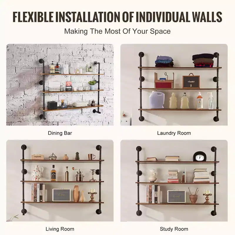 VEVOR Industrial Pipe Shelf, 3 Tier 48x9.84in,Wall-Mount Floating Rustic Wood Shelves Bracket Display Bookshelf, Storage Rack Sundries Holder, Brown