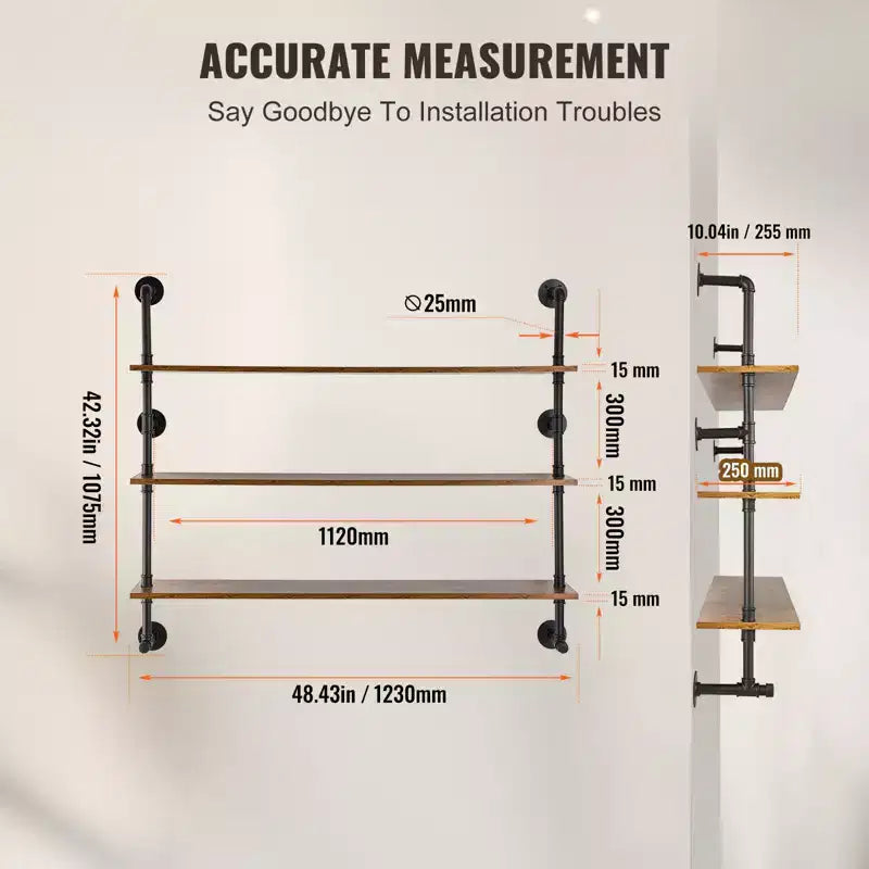 VEVOR Industrial Pipe Shelf, 3 Tier 48x9.84in,Wall-Mount Floating Rustic Wood Shelves Bracket Display Bookshelf, Storage Rack Sundries Holder, Brown