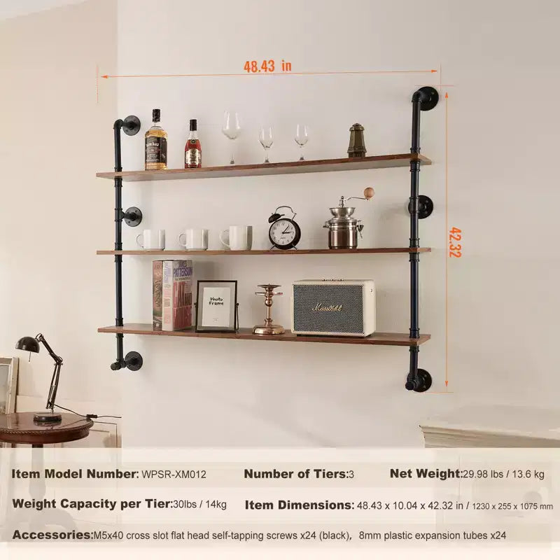 VEVOR Industrial Pipe Shelf, 3 Tier 48x9.84in,Wall-Mount Floating Rustic Wood Shelves Bracket Display Bookshelf, Storage Rack Sundries Holder, Brown
