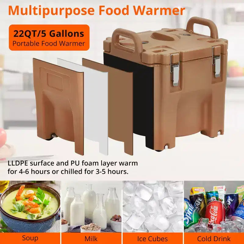 Food Insulated Bucket 20L with Directional Casters, Spoon Included, Base Support, Durable Stainless Steel Lining