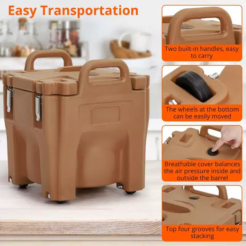 Food Insulated Bucket 20L with Directional Casters, Spoon Included, Base Support, Durable Stainless Steel Lining
