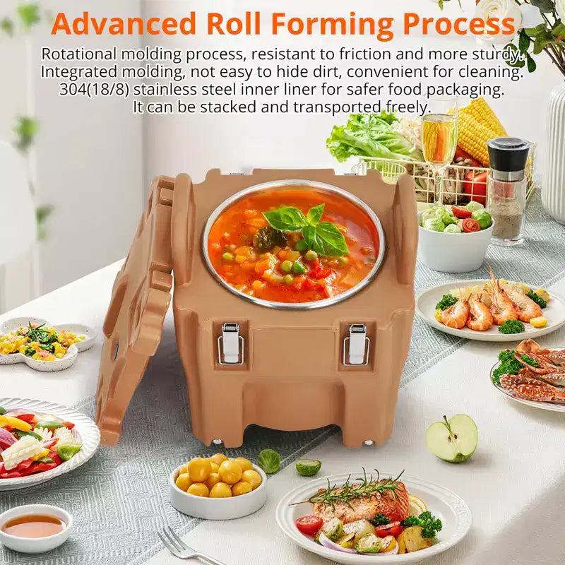 Food Insulated Bucket 20L with Directional Casters, Spoon Included, Base Support, Durable Stainless Steel Lining