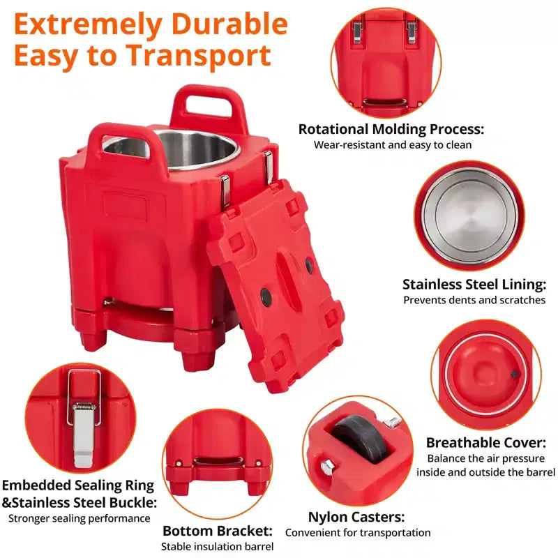 Food Insulated Bucket 20L with Directional Casters, Spoon Included, Base Support, Durable Stainless Steel Lining