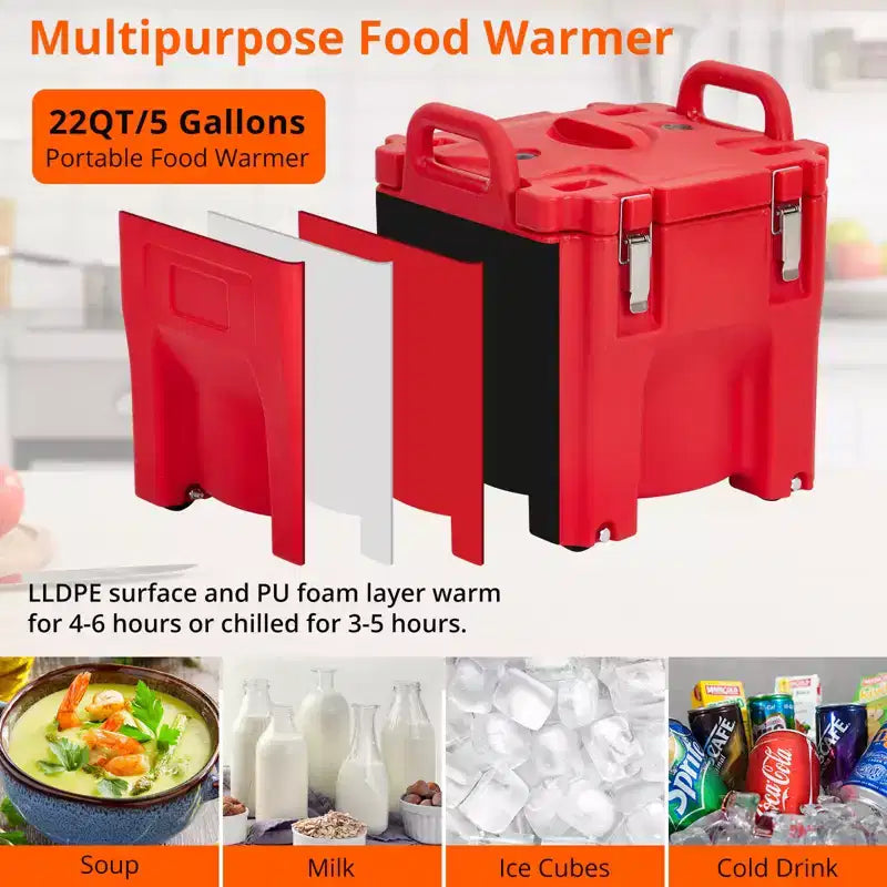 Food Insulated Bucket 20L with Directional Casters, Spoon Included, Base Support, Durable Stainless Steel Lining