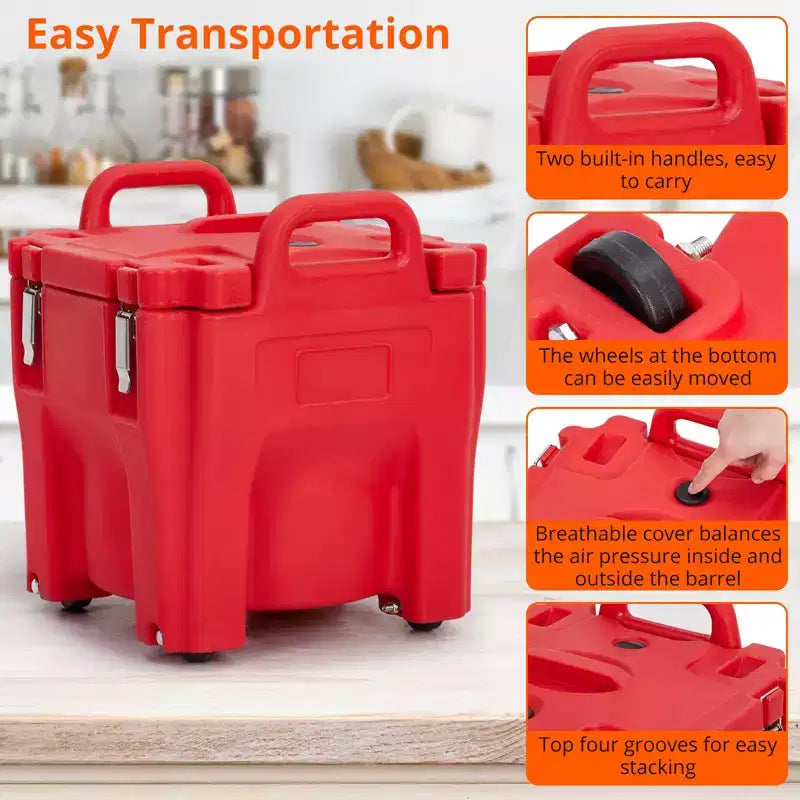 Food Insulated Bucket 20L with Directional Casters, Spoon Included, Base Support, Durable Stainless Steel Lining