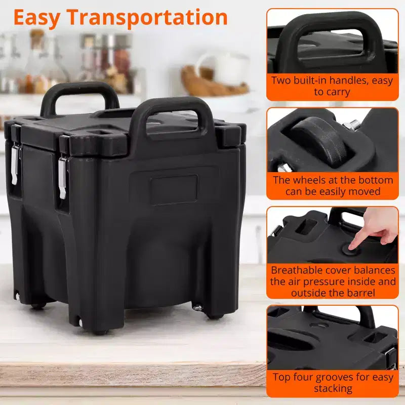 Food Insulated Bucket 20L with Directional Casters, Spoon Included, Base Support, Durable Stainless Steel Lining