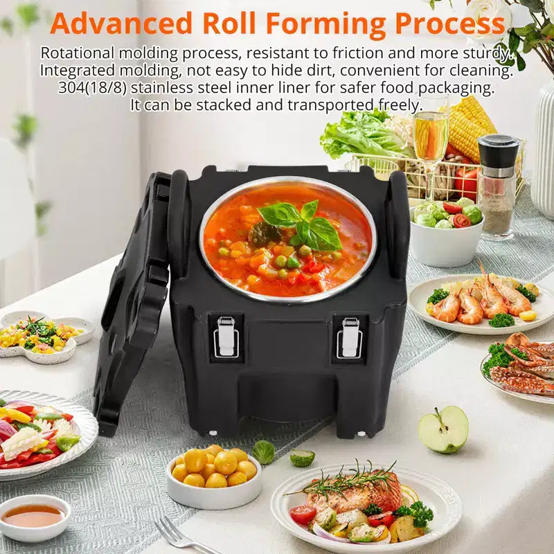 Food Insulated Bucket 20L with Directional Casters, Spoon Included, Base Support, Durable Stainless Steel Lining
