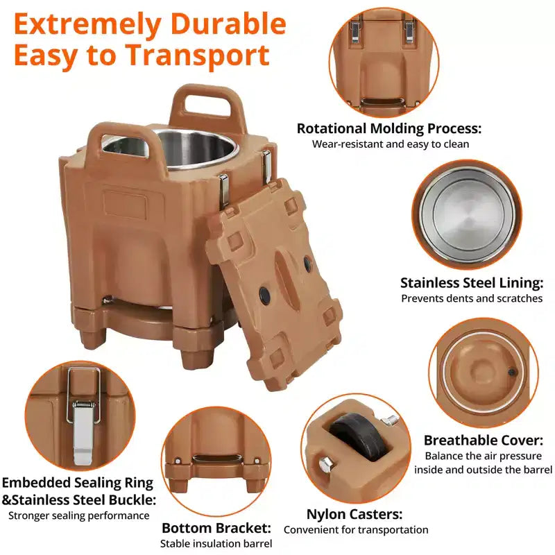 Food Insulated Bucket 20L with Directional Casters, Spoon Included, Base Support, Durable Stainless Steel Lining