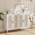 Rattan Sideboard Buffet Cabinet, Wooden Side Board Accent Buffet, Wood Sideboard with 4 Doors, Boho Cabinet for Entryway, Hallway, Living Room, White
