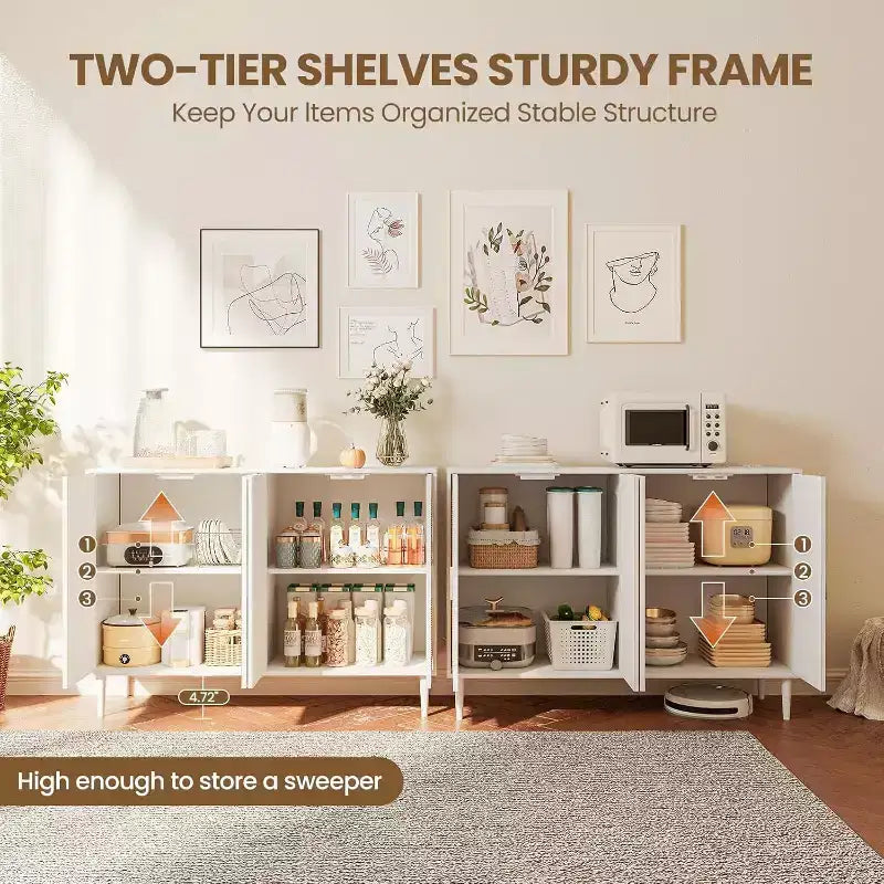 Rattan Sideboard Buffet Cabinet, Wooden Side Board Accent Buffet, Wood Sideboard with 4 Doors, Boho Cabinet for Entryway, Hallway, Living Room, White