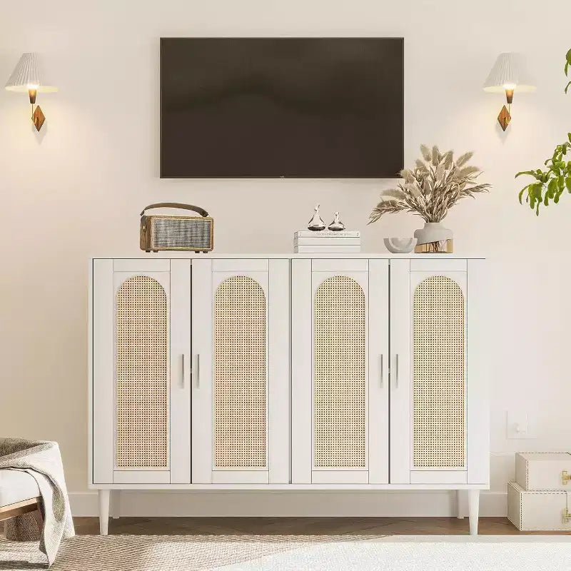 Rattan Sideboard Buffet Cabinet, Wooden Side Board Accent Buffet, Wood Sideboard with 4 Doors, Boho Cabinet for Entryway, Hallway, Living Room, White