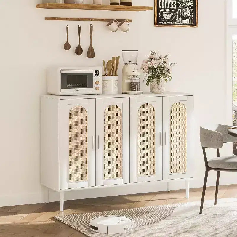 Rattan Sideboard Buffet Cabinet, Wooden Side Board Accent Buffet, Wood Sideboard with 4 Doors, Boho Cabinet for Entryway, Hallway, Living Room, White