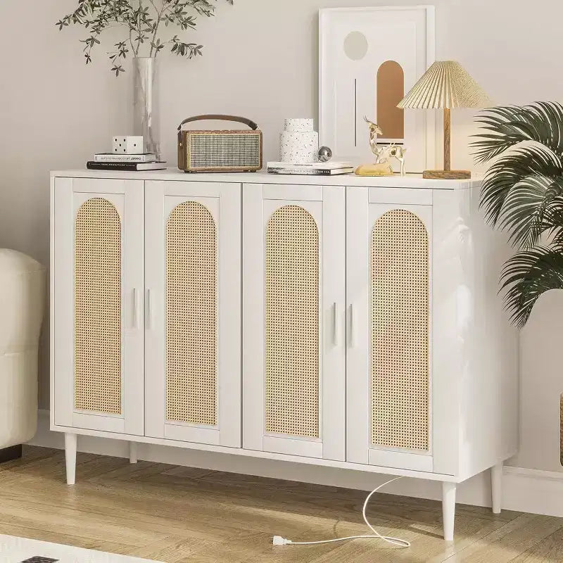 Rattan Sideboard Buffet Cabinet, Wooden Side Board Accent Buffet, Wood Sideboard with 4 Doors, Boho Cabinet for Entryway, Hallway, Living Room, White