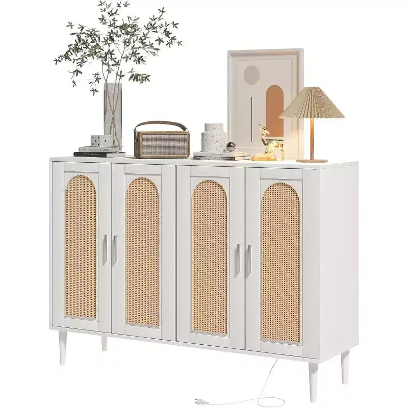 Rattan Sideboard Buffet Cabinet, Wooden Side Board Accent Buffet, Wood Sideboard with 4 Doors, Boho Cabinet for Entryway, Hallway, Living Room, White
