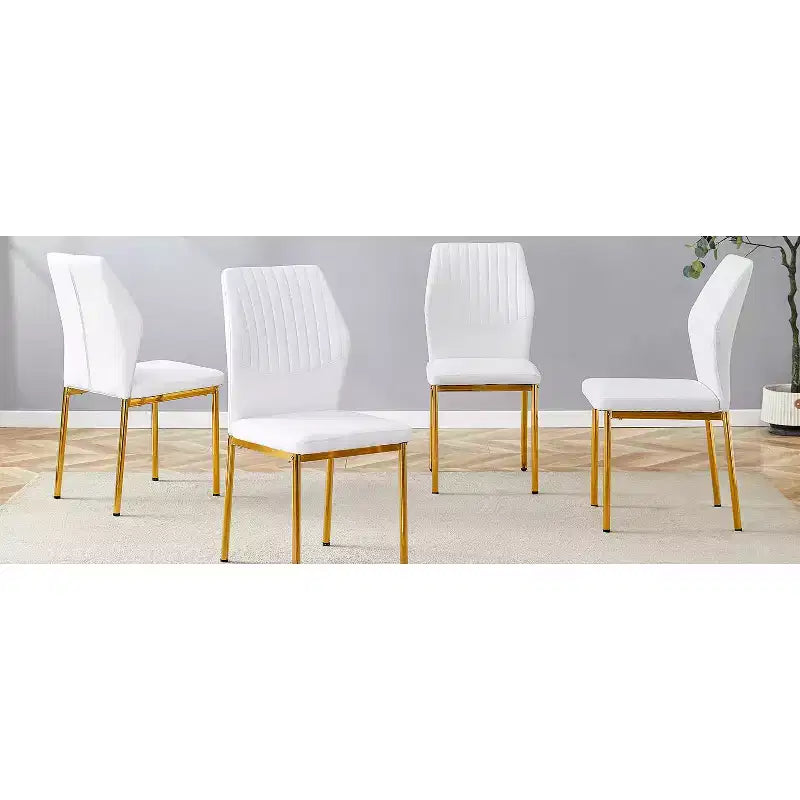 MAYEERTY Set of 4 Luxury Simple Dining Chairs White PU Gold Legs Vertical Stripe Back