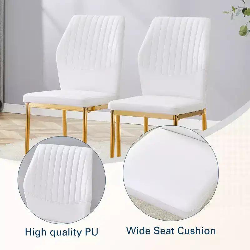 MAYEERTY Set of 4 Luxury Simple Dining Chairs White PU Gold Legs Vertical Stripe Back