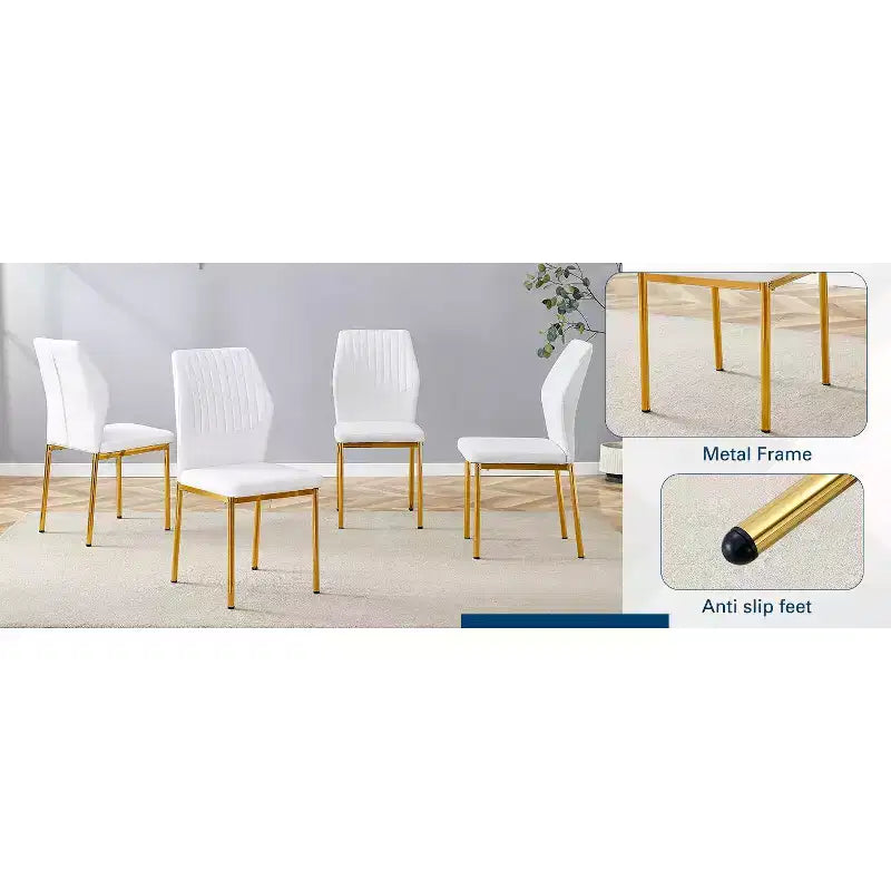 MAYEERTY Set of 4 Luxury Simple Dining Chairs White PU Gold Legs Vertical Stripe Back