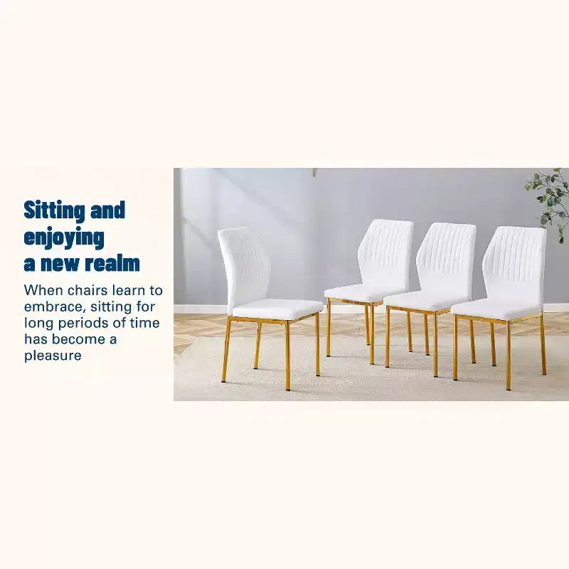 MAYEERTY Set of 4 Luxury Simple Dining Chairs White PU Gold Legs Vertical Stripe Back