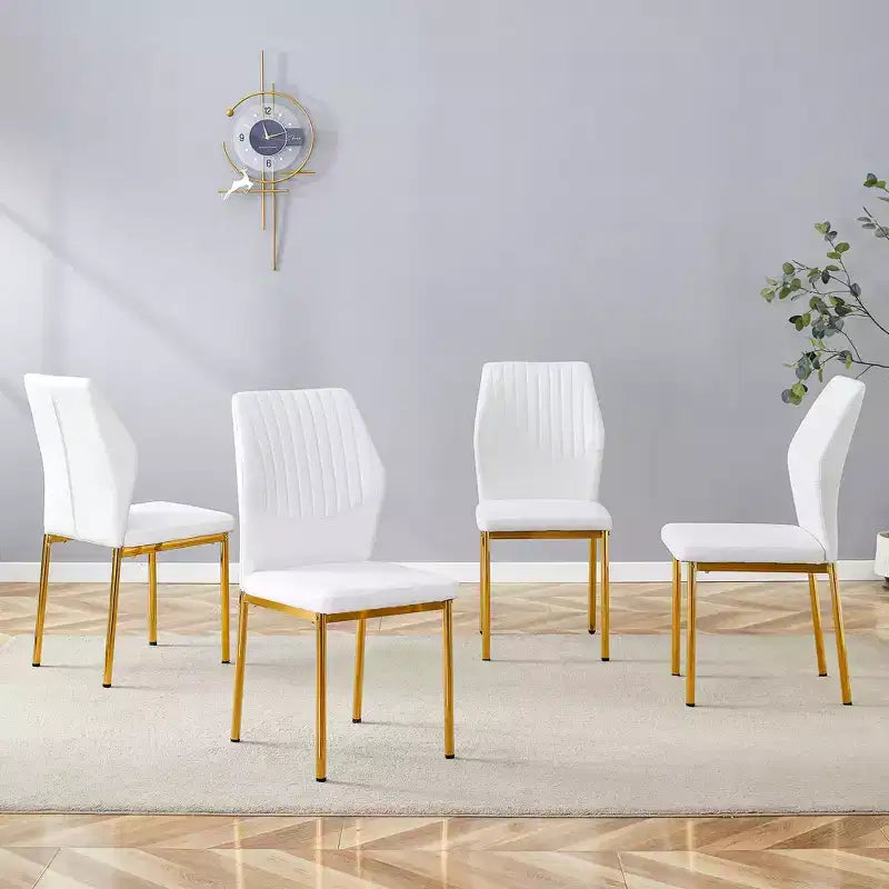 MAYEERTY Set of 4 Luxury Simple Dining Chairs White PU Gold Legs Vertical Stripe Back