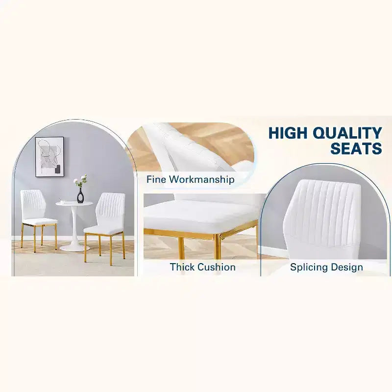 MAYEERTY Set of 4 Luxury Simple Dining Chairs White PU Gold Legs Vertical Stripe Back
