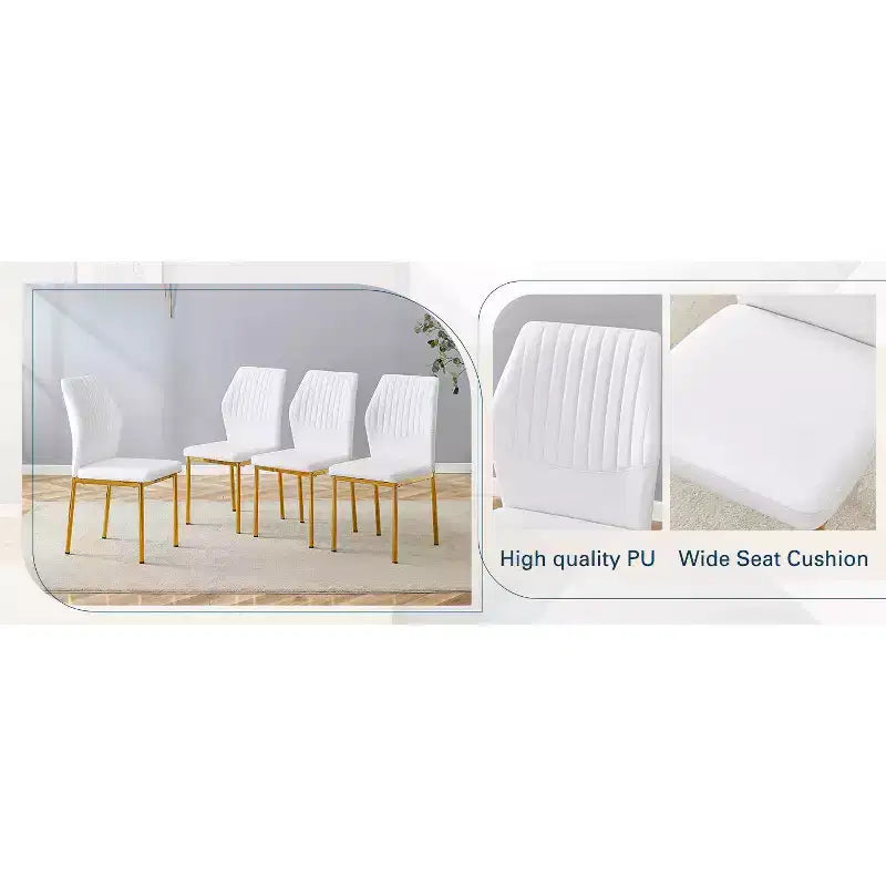 MAYEERTY Set of 4 Luxury Simple Dining Chairs White PU Gold Legs Vertical Stripe Back