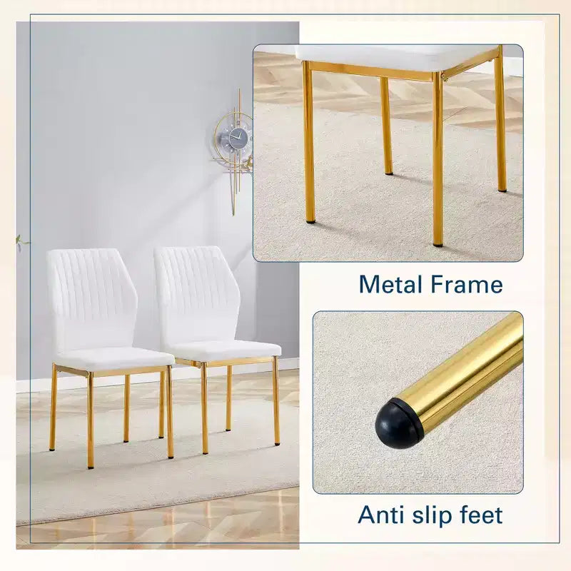MAYEERTY Set of 4 Luxury Simple Dining Chairs White PU Gold Legs Vertical Stripe Back