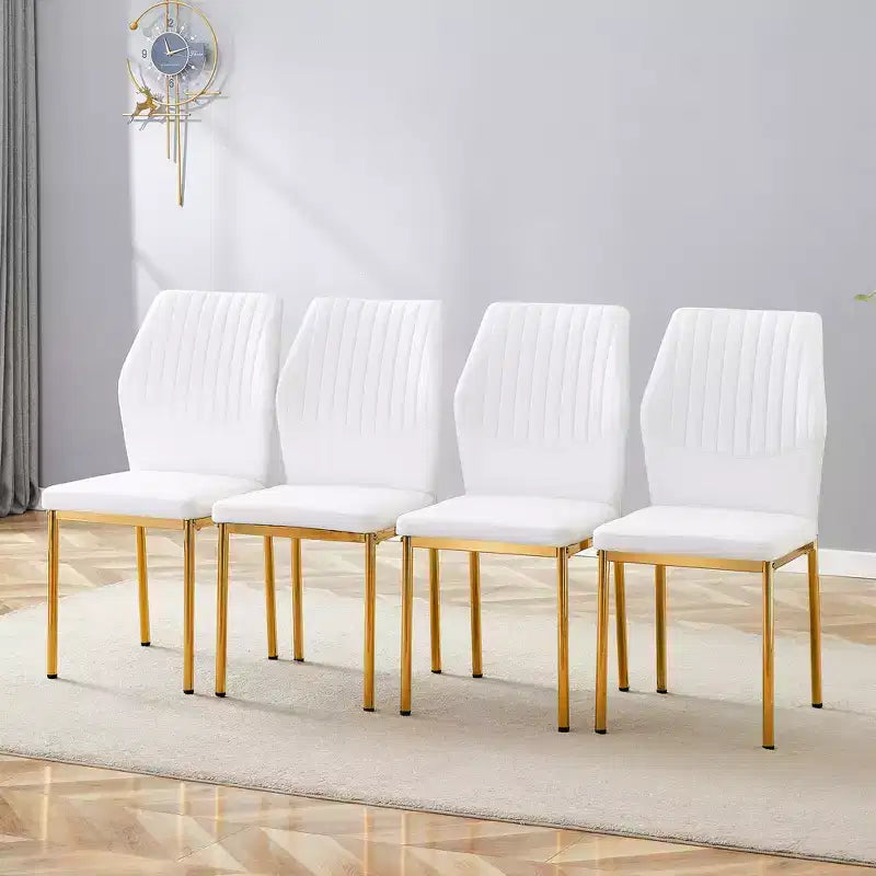 MAYEERTY Set of 4 Luxury Simple Dining Chairs White PU Gold Legs Vertical Stripe Back