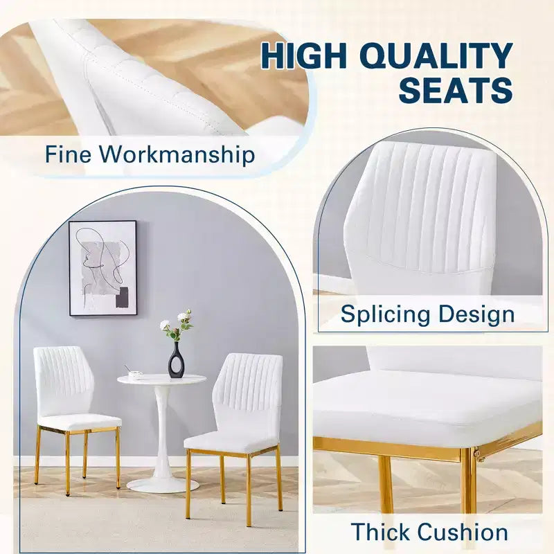 MAYEERTY Set of 4 Luxury Simple Dining Chairs White PU Gold Legs Vertical Stripe Back