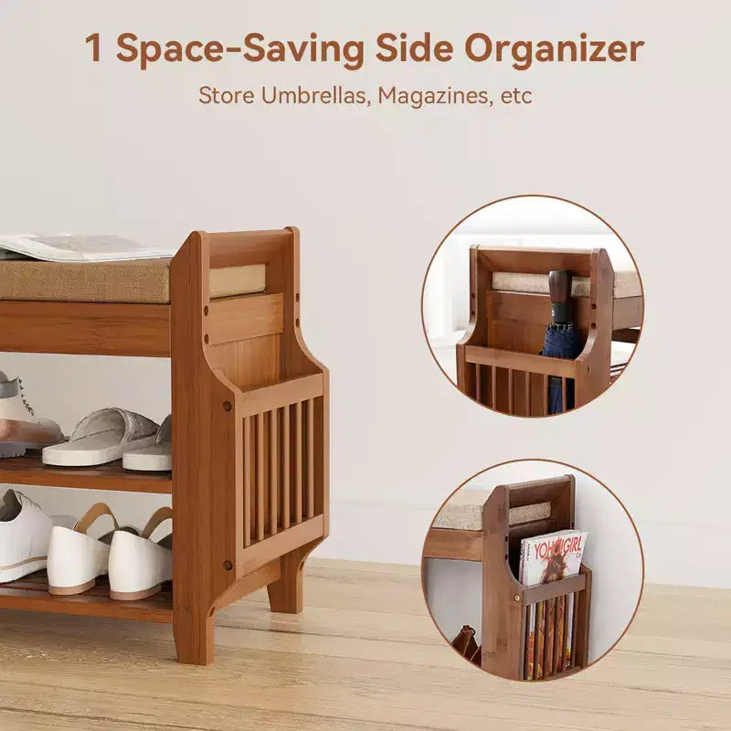 ELECWISH 31.5 Bamboo Shoe Bench with Storage - 2-Tier Shoe Rack, Hidden Drawer & Side Organizer, Brown