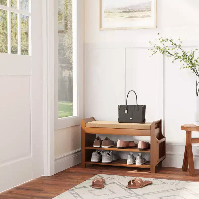 ELECWISH 31.5 Bamboo Shoe Bench with Storage - 2-Tier Shoe Rack, Hidden Drawer & Side Organizer, Brown