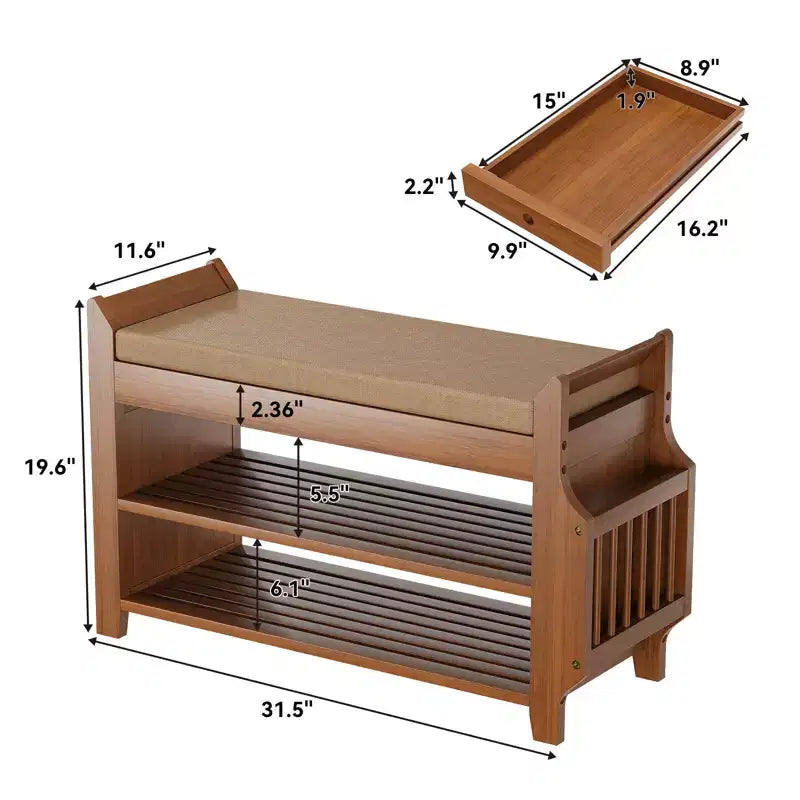 ELECWISH 31.5 Bamboo Shoe Bench with Storage - 2-Tier Shoe Rack, Hidden Drawer & Side Organizer, Brown
