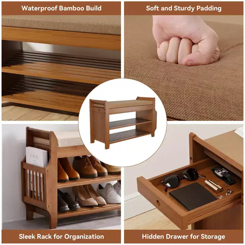 ELECWISH 31.5 Bamboo Shoe Bench with Storage - 2-Tier Shoe Rack, Hidden Drawer & Side Organizer, Brown