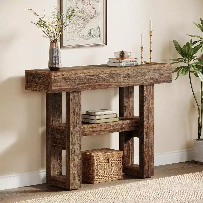 Lantine 41.34-Inch Farmhouse Console Table, 2-Tier Narrow Sofa Table Behind The Couch
