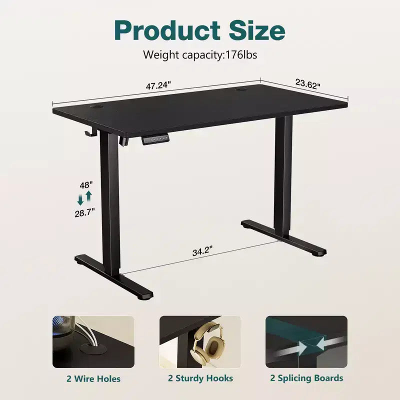 Ergonomic Height Adjustable Electric Standing Desk with T-Shaped Metal Frame and Memory Presets Modern Computer Workstation47.20x23.60x 46.40-Black