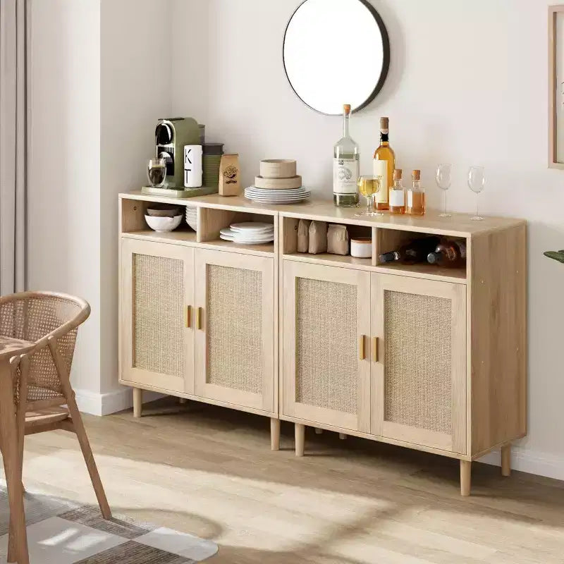 Rattan Sideboard Buffet Cabinet Kitchen Storage with Adjustable Shelf, Modern Farmhouse TV Stand & Coffee Bar for Dining/Living Room